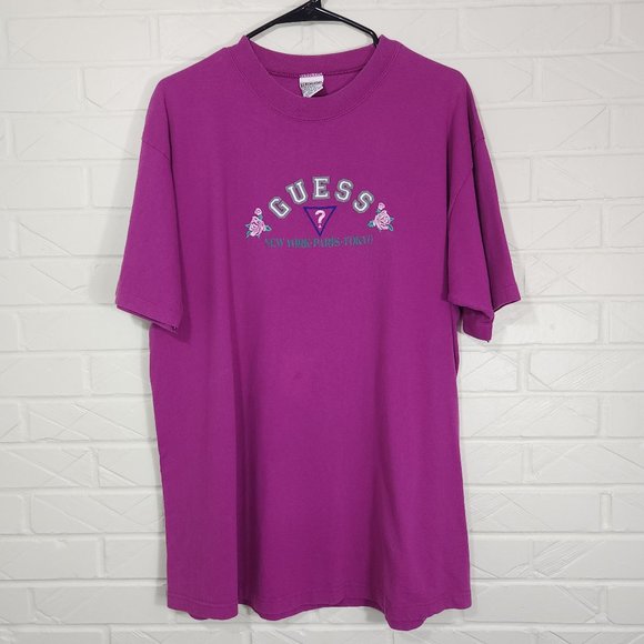 Vintage 90's Guess Georges Marciano Purple Spell Out Graphic Single Stitch Tee - Picture 1 of 7